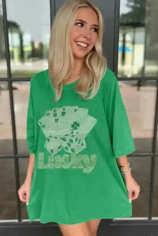 T Shirt Dresses Lucky Charm Rhinestone Dress - Bright Green