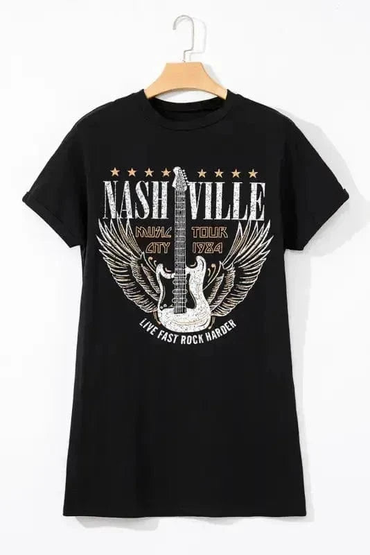 T Shirt Dresses Nashville Guitar Mini Dress Black – Rock & Roll Party Dress