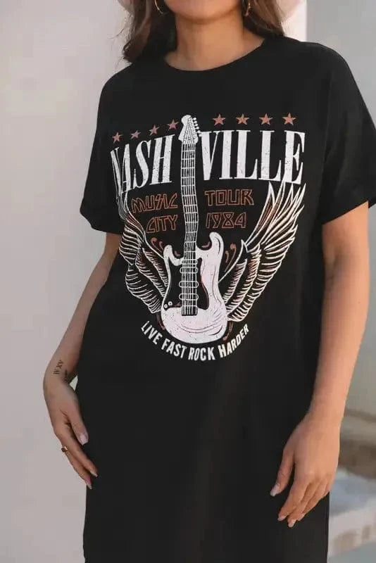 T Shirt Dresses Nashville Guitar Mini Dress Black – Rock & Roll Party Dress