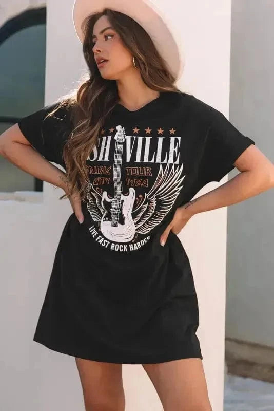 T Shirt Dresses Nashville Guitar Mini Dress Black – Rock & Roll Party Dress