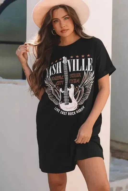 T Shirt Dresses Nashville Guitar Mini Dress Black – Rock & Roll Party Dress