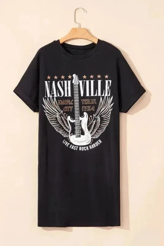 T Shirt Dresses Nashville Guitar Mini Dress Black – Rock & Roll Party Dress