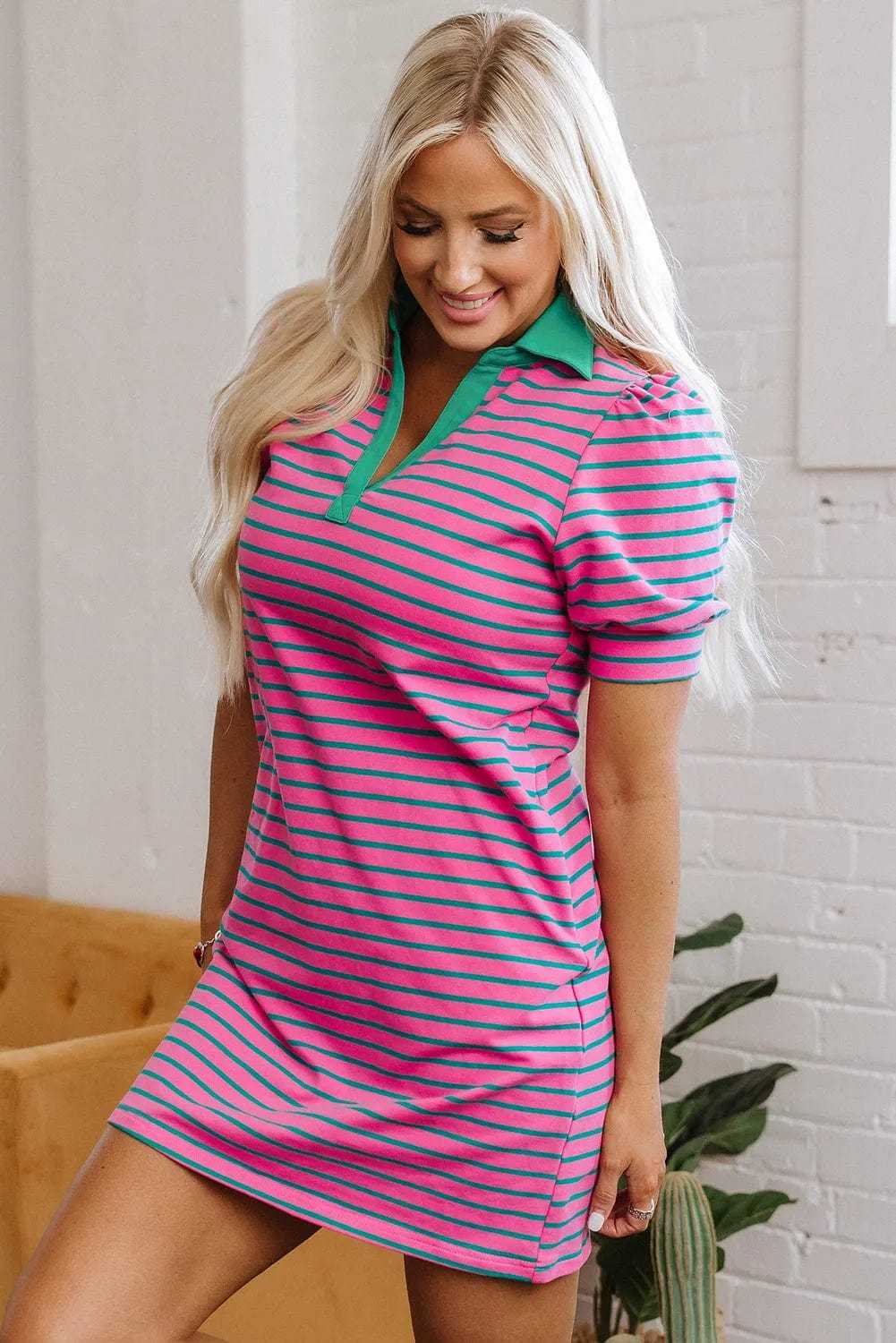 T Shirt Dresses Parisian Stripe Collared Dress - Pink