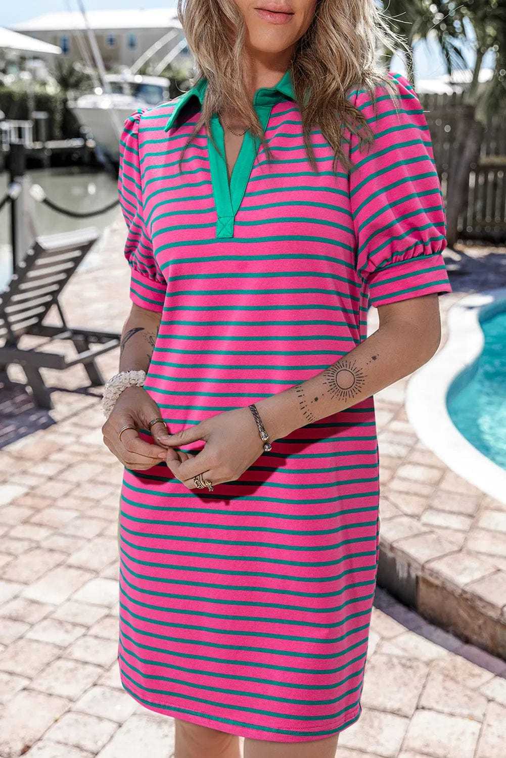 T Shirt Dresses Parisian Stripe Collared Dress - Pink