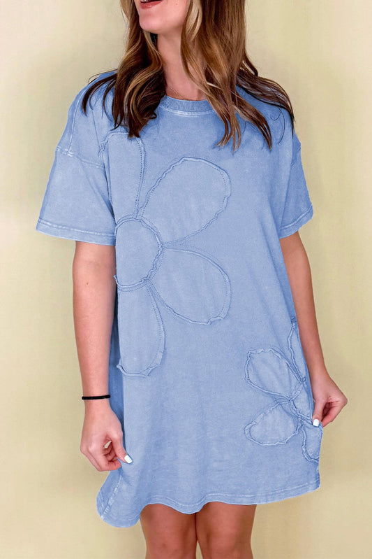T Shirt Dresses Sky Blue / S / 100%Cotton Flower Mini T-Shirt Dress