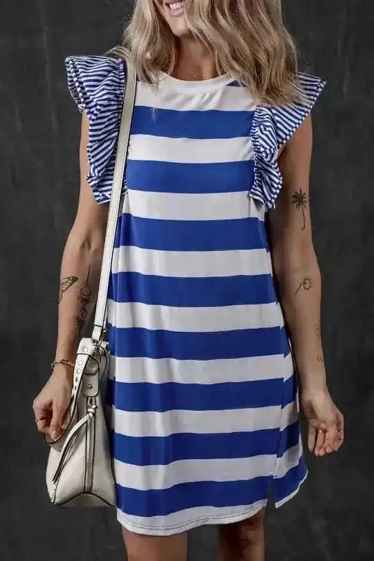 T Shirt Dresses Sky Blue Stripe / S / 50%Polyester+45%Viscose+5%Elastane Sooty Stripe Swirl Tunic Dress