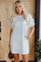 T Shirt Dresses Striped Ruffle Mini T-Shirt Dress - White