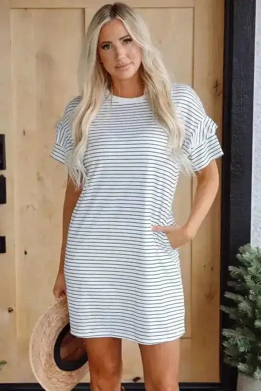 T Shirt Dresses Striped Ruffle Mini T-Shirt Dress - White