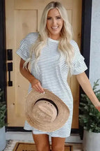 T Shirt Dresses Striped Ruffle Mini T-Shirt Dress - White