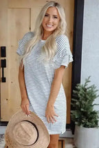 T Shirt Dresses Striped Ruffle Mini T-Shirt Dress - White