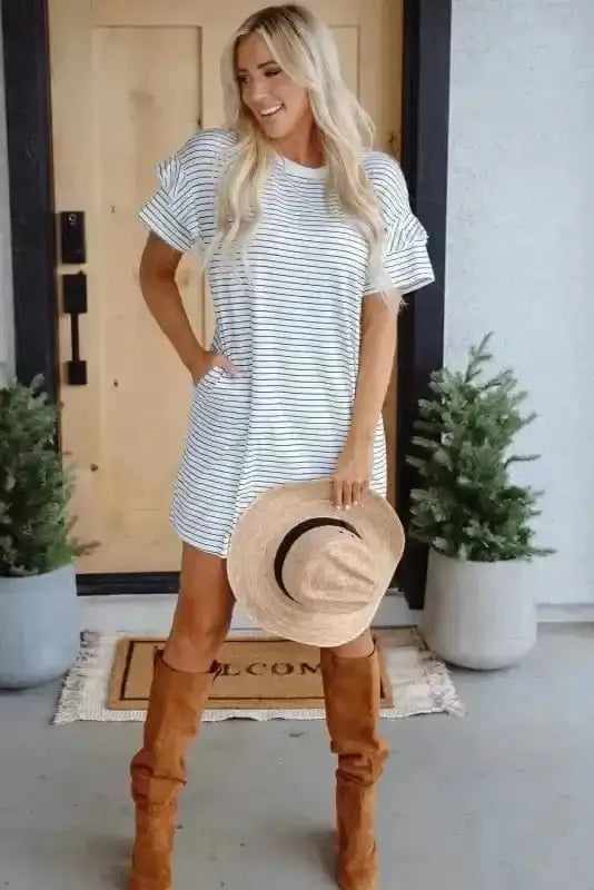 T Shirt Dresses Striped Ruffle Mini T-Shirt Dress - White