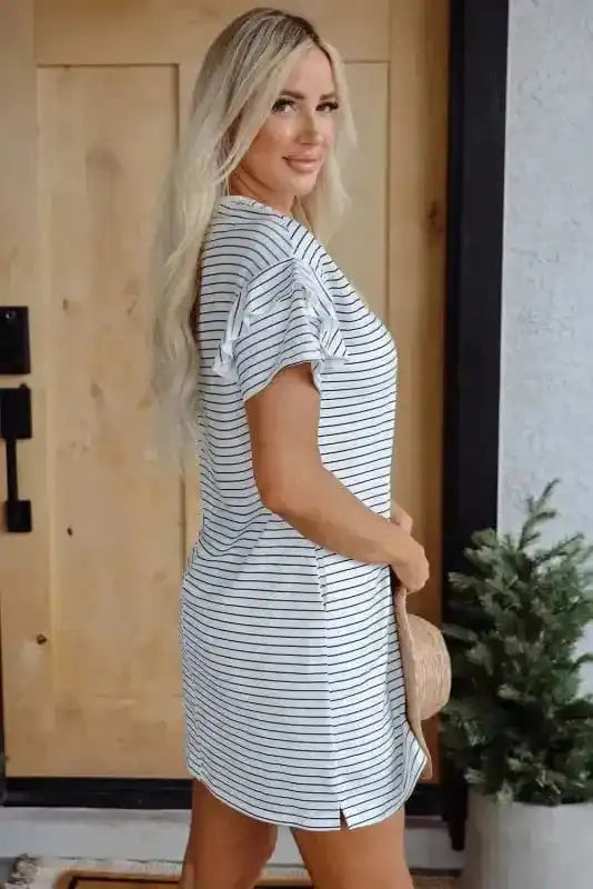 T Shirt Dresses Striped Ruffle Mini T-Shirt Dress - White