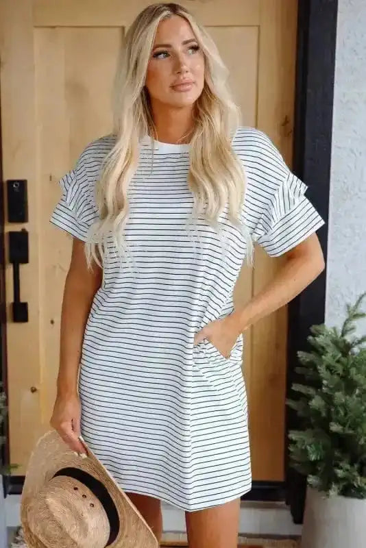 T Shirt Dresses Striped Ruffle Mini T-Shirt Dress - White