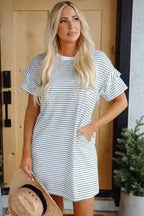 T Shirt Dresses Striped Ruffle Mini T-Shirt Dress - White