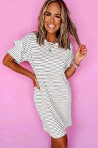 T Shirt Dresses Striped Ruffle Mini T-Shirt Dress - White