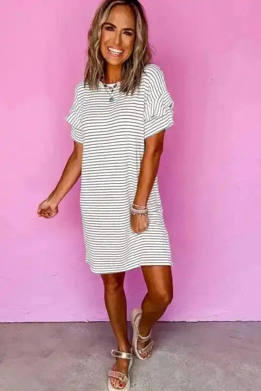 T Shirt Dresses Striped Ruffle Mini T-Shirt Dress - White