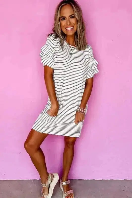 T Shirt Dresses Striped Ruffle Mini T-Shirt Dress - White