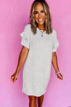 T Shirt Dresses Striped Ruffle Mini T-Shirt Dress - White