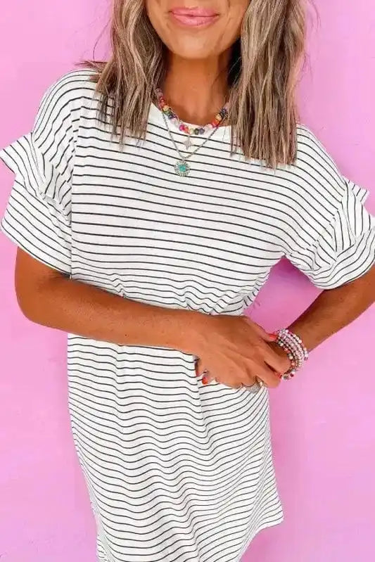 T Shirt Dresses Striped Ruffle Mini T-Shirt Dress - White