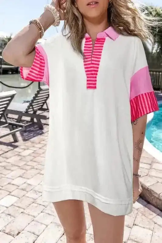 T Shirt Dresses White / S / 65%Polyester+35%Cotton Striped Color Block T-Shirt Dress - White