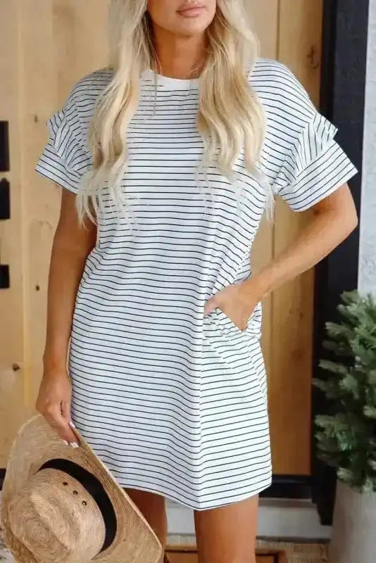 T Shirt Dresses White Stripe / S / 95%Polyester+5%Elastane Striped Ruffle Mini T-Shirt Dress - White