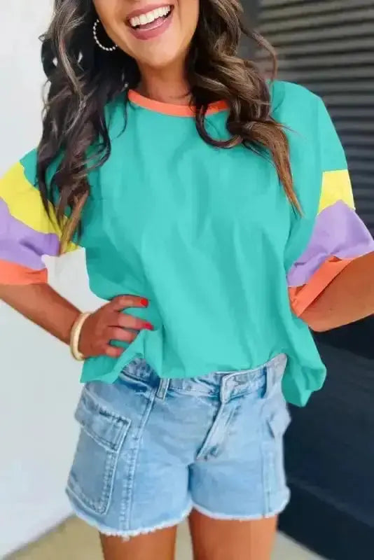 Green Oversized Patchwork Stitched T-Shirt Women UK — front view showing patchwork stitching and oversized silhouette — Fashionfitz