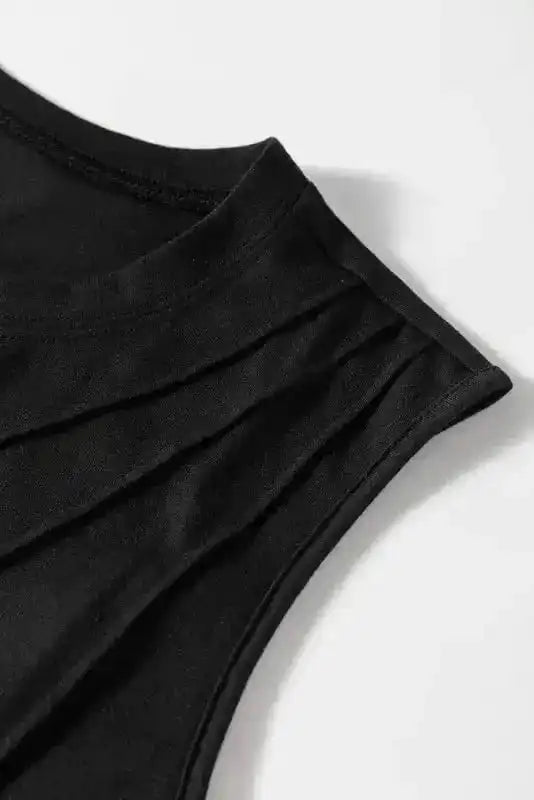 Tank Tops Black Crew Neck Pleated Tank Top