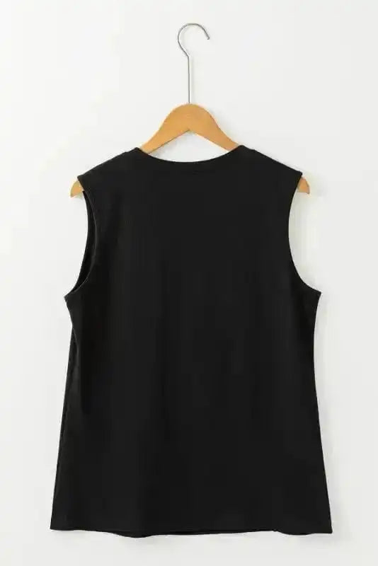 Tank Tops Black Crew Neck Pleated Tank Top