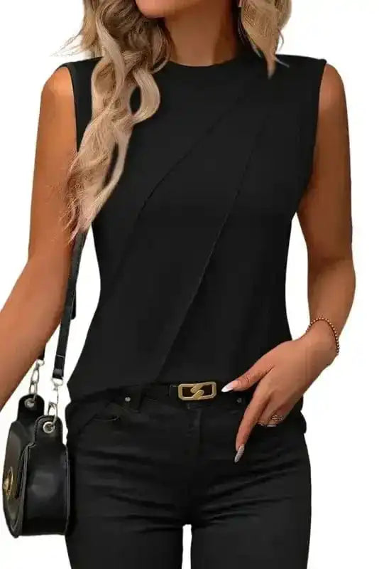 Tank Tops Black Crew Neck Pleated Tank Top