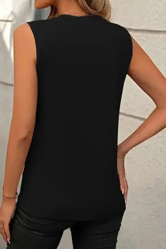 Tank Tops Black Crew Neck Pleated Tank Top