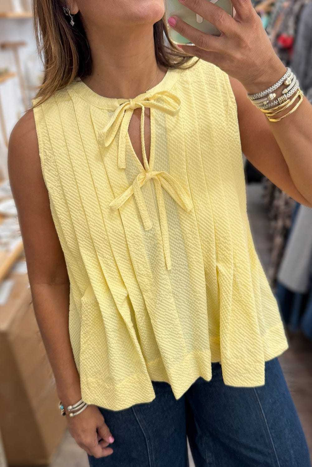 Tank Tops Fashionfitz Yellow Pleated Tank Top for Women