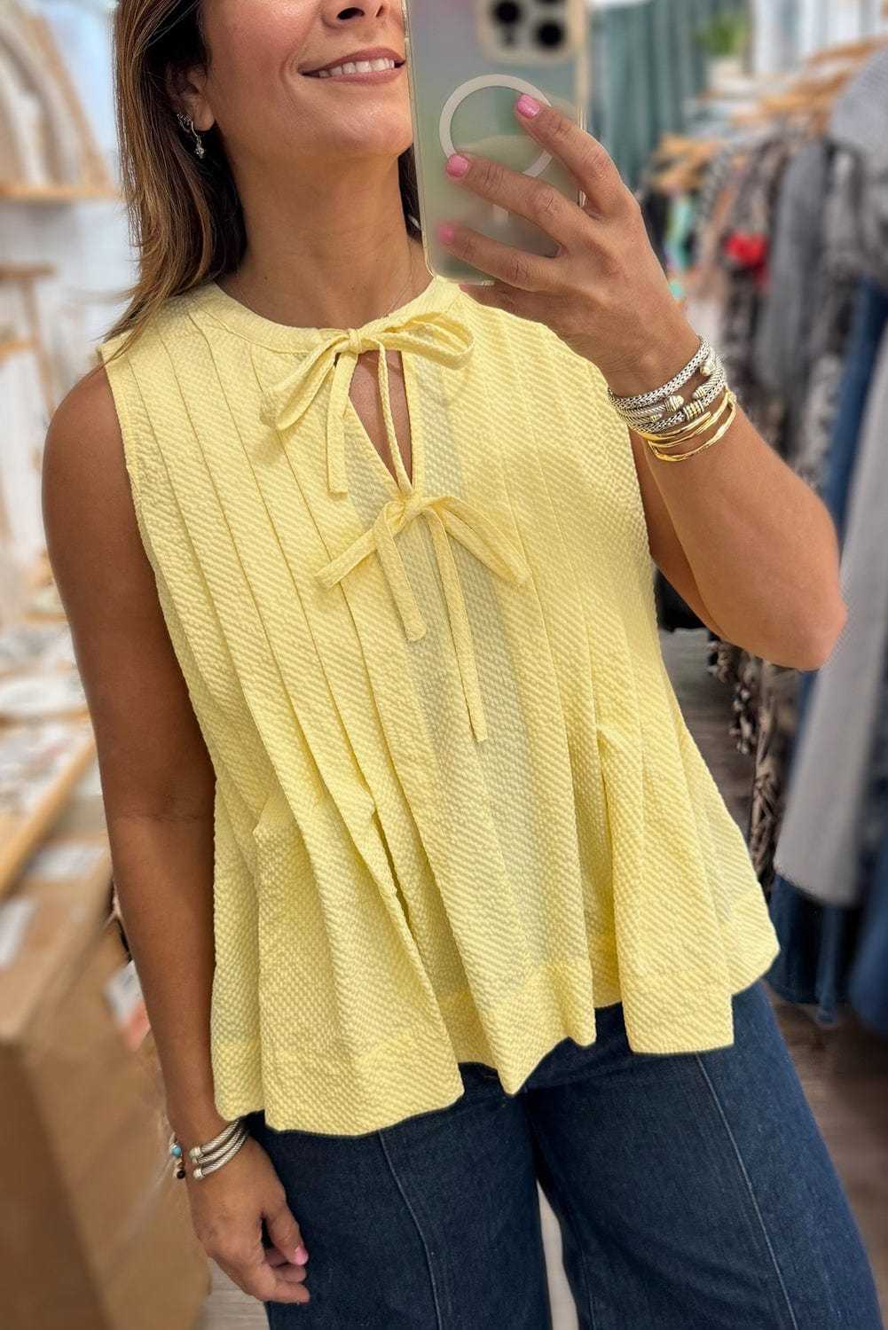 Tank Tops Fashionfitz Yellow Pleated Tank Top for Women