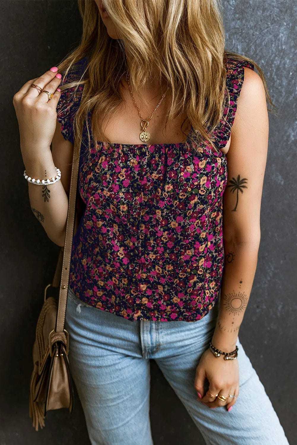 Tank Tops Floral Tank Top - Rose Boho Frilled Straps