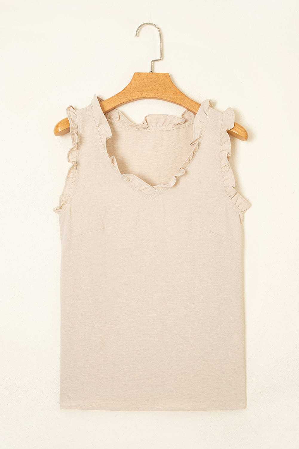 Tank Tops Frilly Trim Tank Top in Parchment – Feminine, Wrinkle-Resistant, Vegan-Friendly