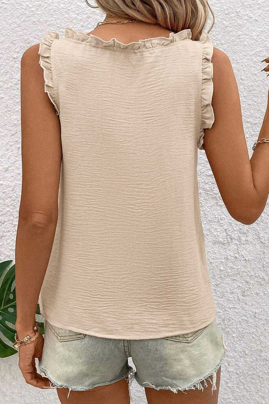 Tank Tops Frilly Trim Tank Top in Parchment – Feminine, Wrinkle-Resistant, Vegan-Friendly