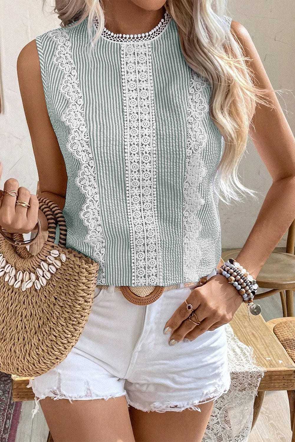 Tank Tops Green Stripe / S / 100%Polyester Lace Stripe Tank Top