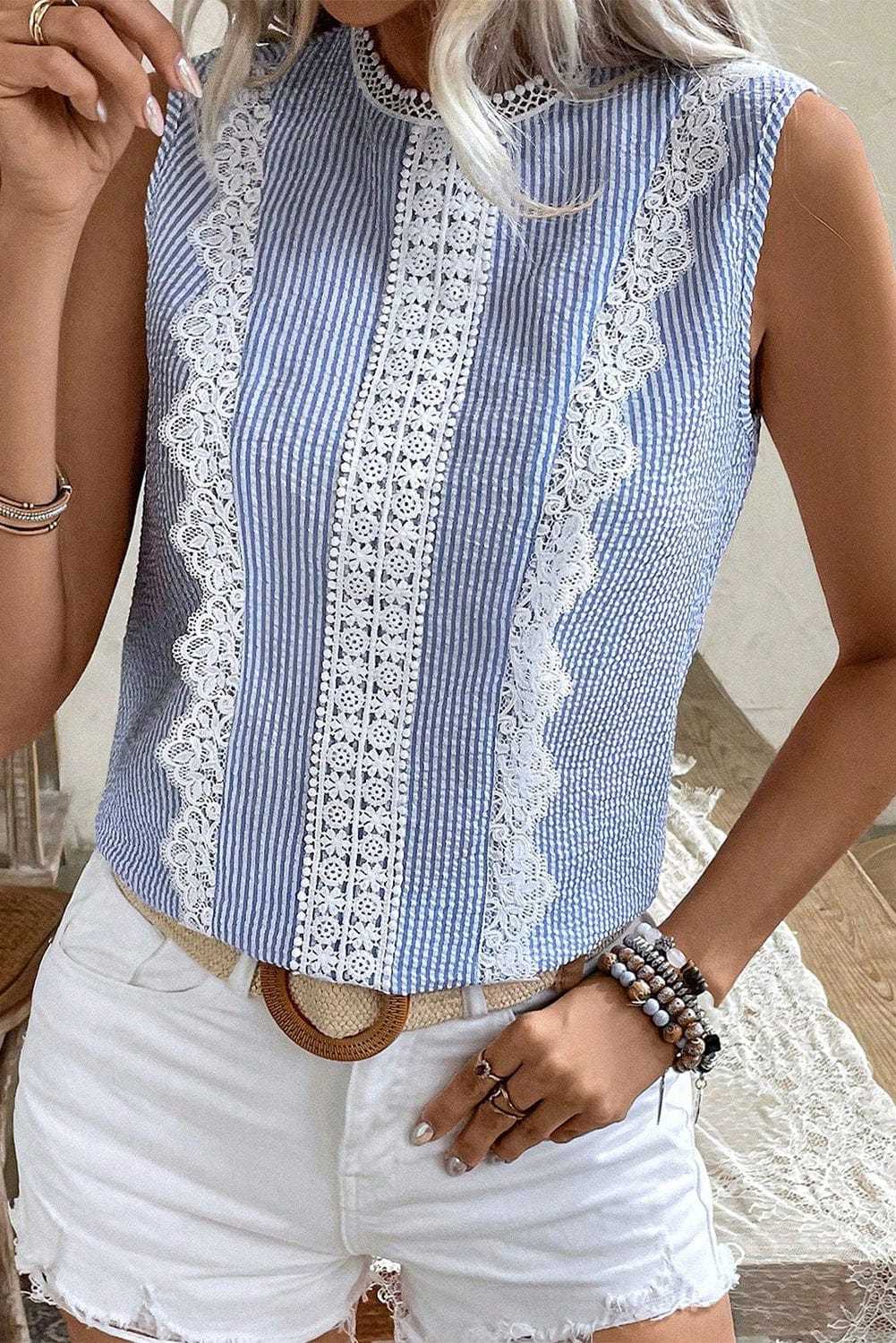 Tank Tops Lace Stripe Tank Top