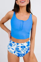 Tankinis Blue / S / 82%Nylon+18%Spandex Blue Square Neck Sleeveless Fashion Print Tankini Set