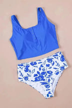 Tankinis Blue Square Neck Sleeveless Fashion Print Tankini Set