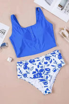 Tankinis Blue Square Neck Sleeveless Fashion Print Tankini Set