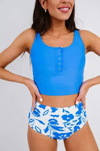 Tankinis Blue Square Neck Sleeveless Fashion Print Tankini Set