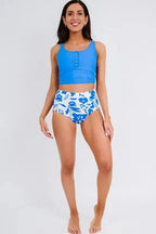 Tankinis Blue Square Neck Sleeveless Fashion Print Tankini Set