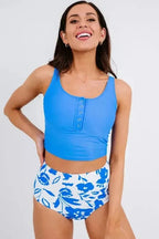 Tankinis Blue Square Neck Sleeveless Fashion Print Tankini Set