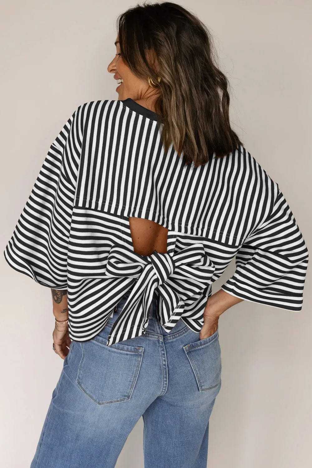 Tees BowVogue Women's Striped T-Shirt – Soft Cotton Bow Neck Casual Top