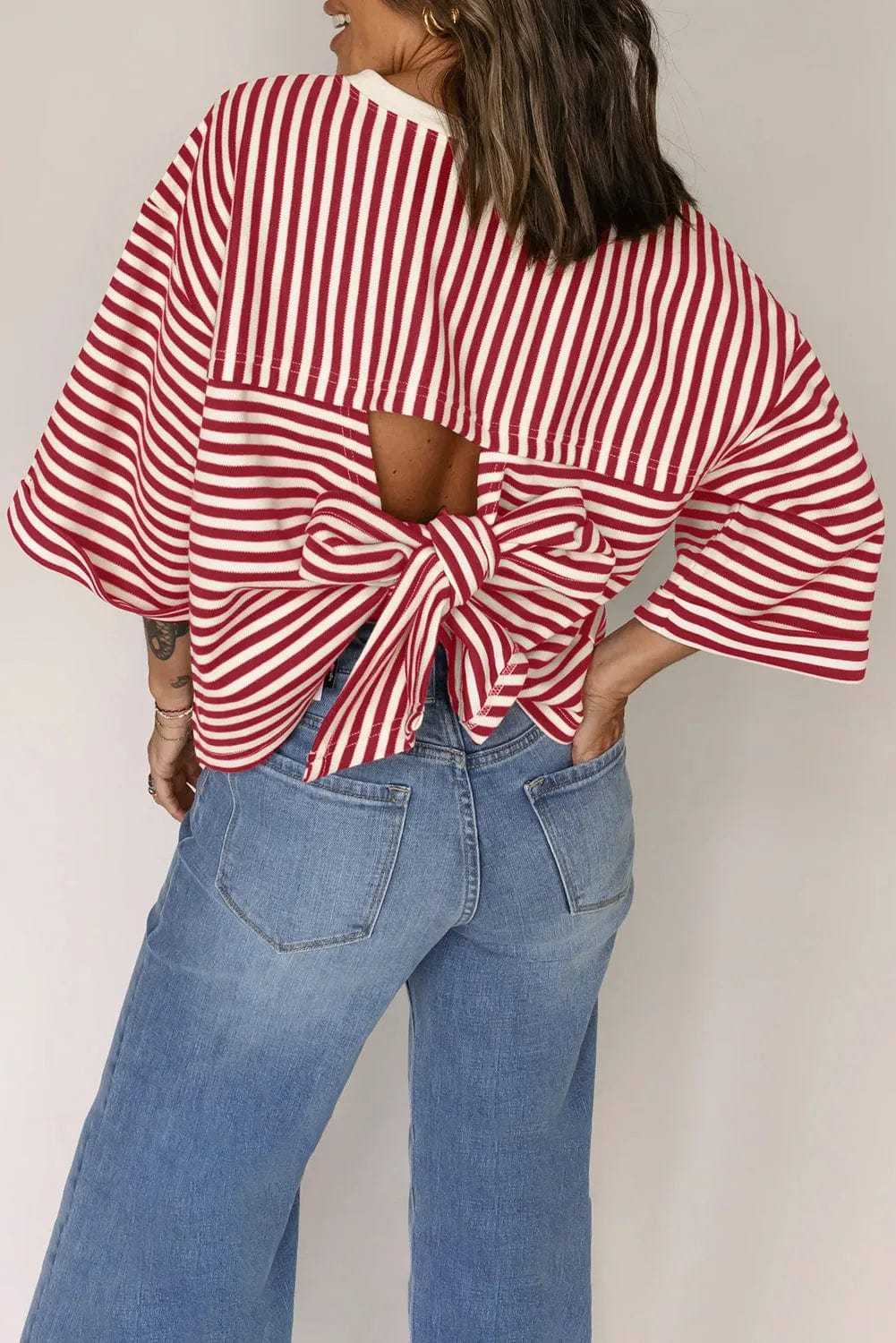 Tees Red Stripe / S / 75%Polyester+25%Cotton BowVogue Women's Striped T-Shirt – Soft Cotton Bow Neck Casual Top