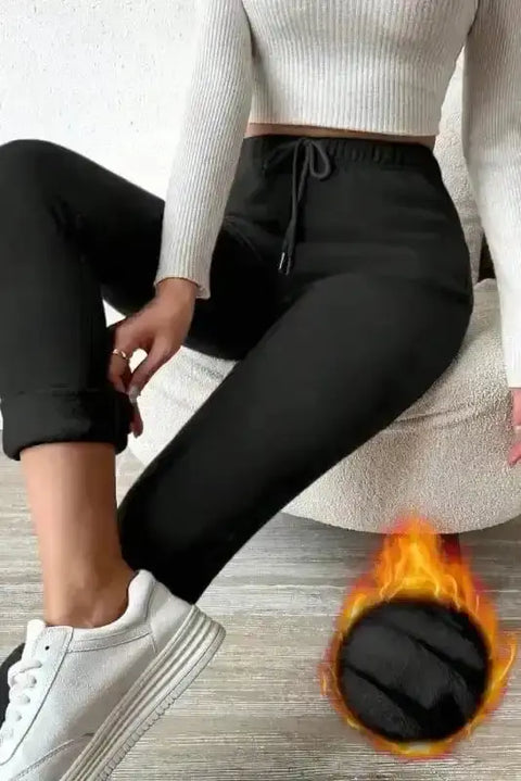 Black thermal high waist fleece leggings front view — Fashionfitz UK