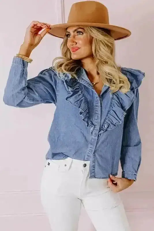 Dusk Blue Ruffled Denim Shirt Women UK styled as a versatile casual chic outfit — Fashionfitz