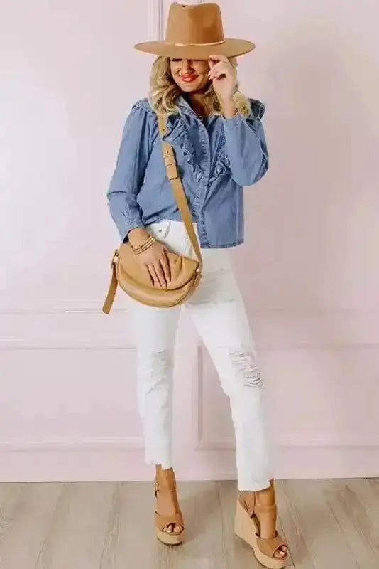 Close-up of Dusk Blue Ruffled Denim Shirt showing delicate ruffle accents and dusk blue cotton denim fabric — Fashionfitz