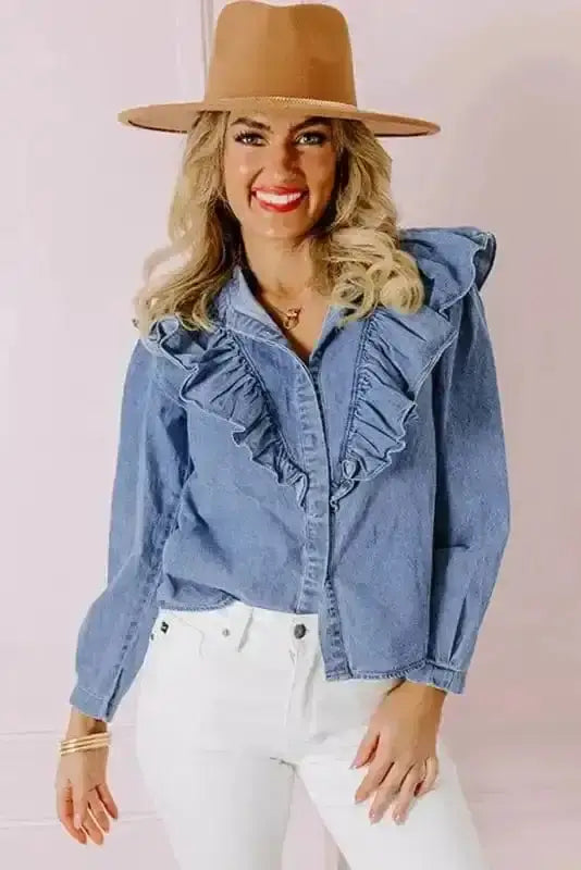 Side view of Dusk Blue Ruffled Denim Shirt showing ruffle accent detail and denim fabric drape — Fashionfitz