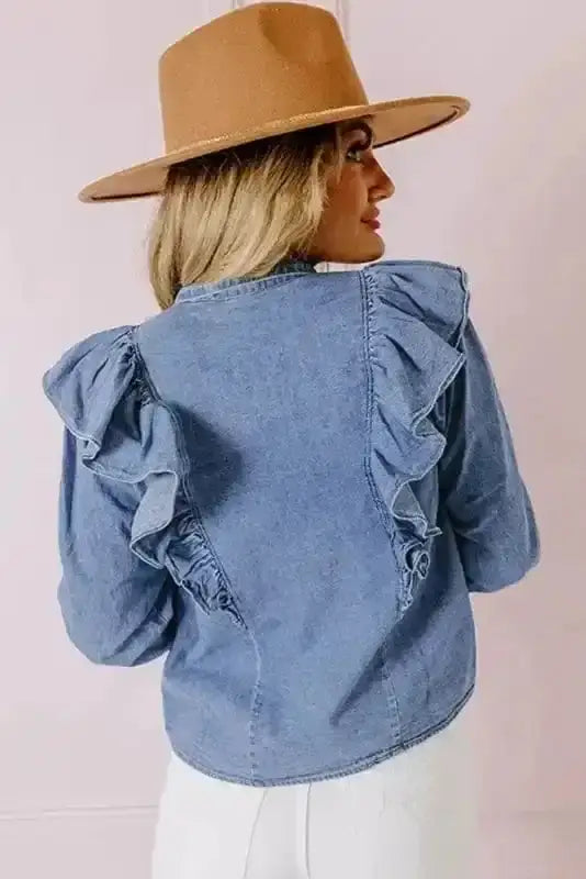 Back view of Dusk Blue Ruffled Denim Shirt showing long sleeves and relaxed shirt silhouette — Fashionfitz